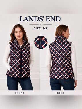 Lands’ End Quilted Puffer Vest Women’s MP Medium Petite Navy Red White Full Zip
